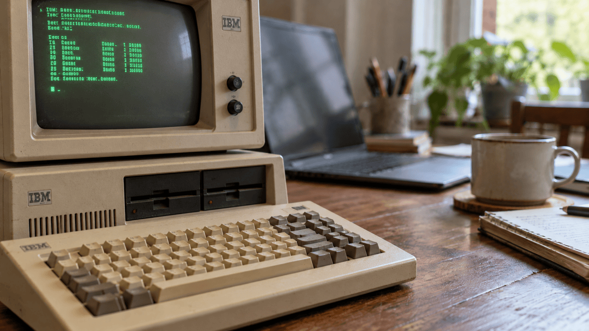 Vintage beige IBM personal computer with a green monochrome screen beside a modern laptop on a wooden desk.